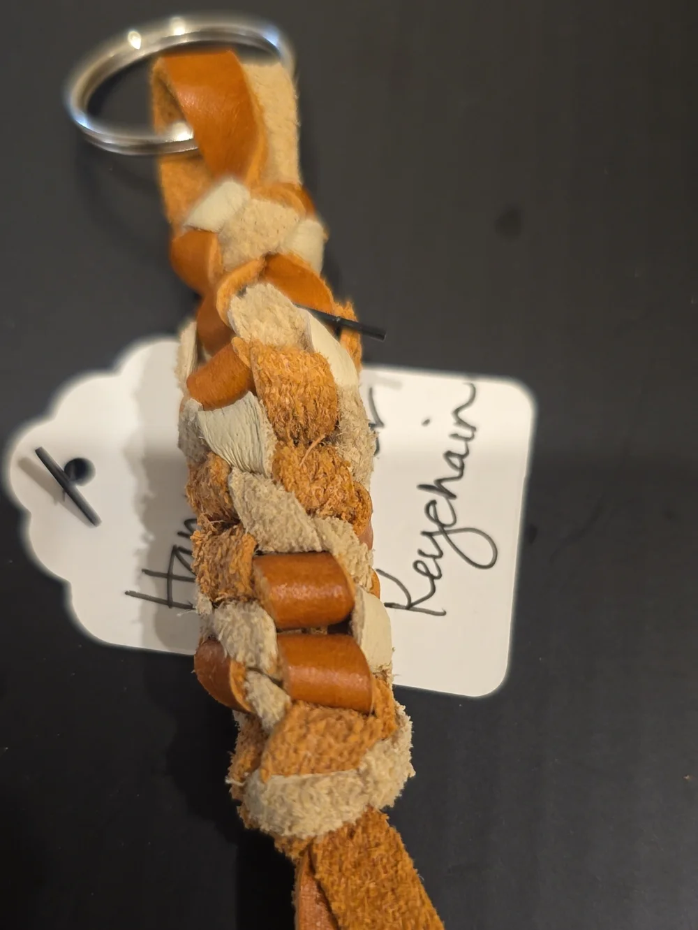 Handmade Braided Leather Keychain - Tan & Orange